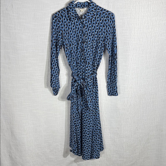 Boden Laura Jersey Midi Shirt Dress Blue Geometric Print Belted Long Sleeve 2P - Picture 4 of 12